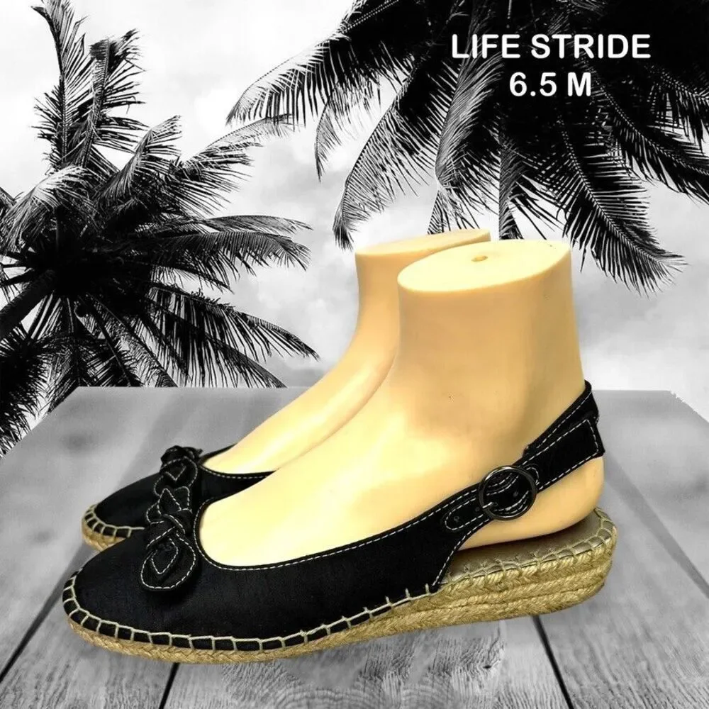 Life Stride Rica Too Navy Fabric Low Wedge Espadrille Sandal Womens Size 6.5 M‎